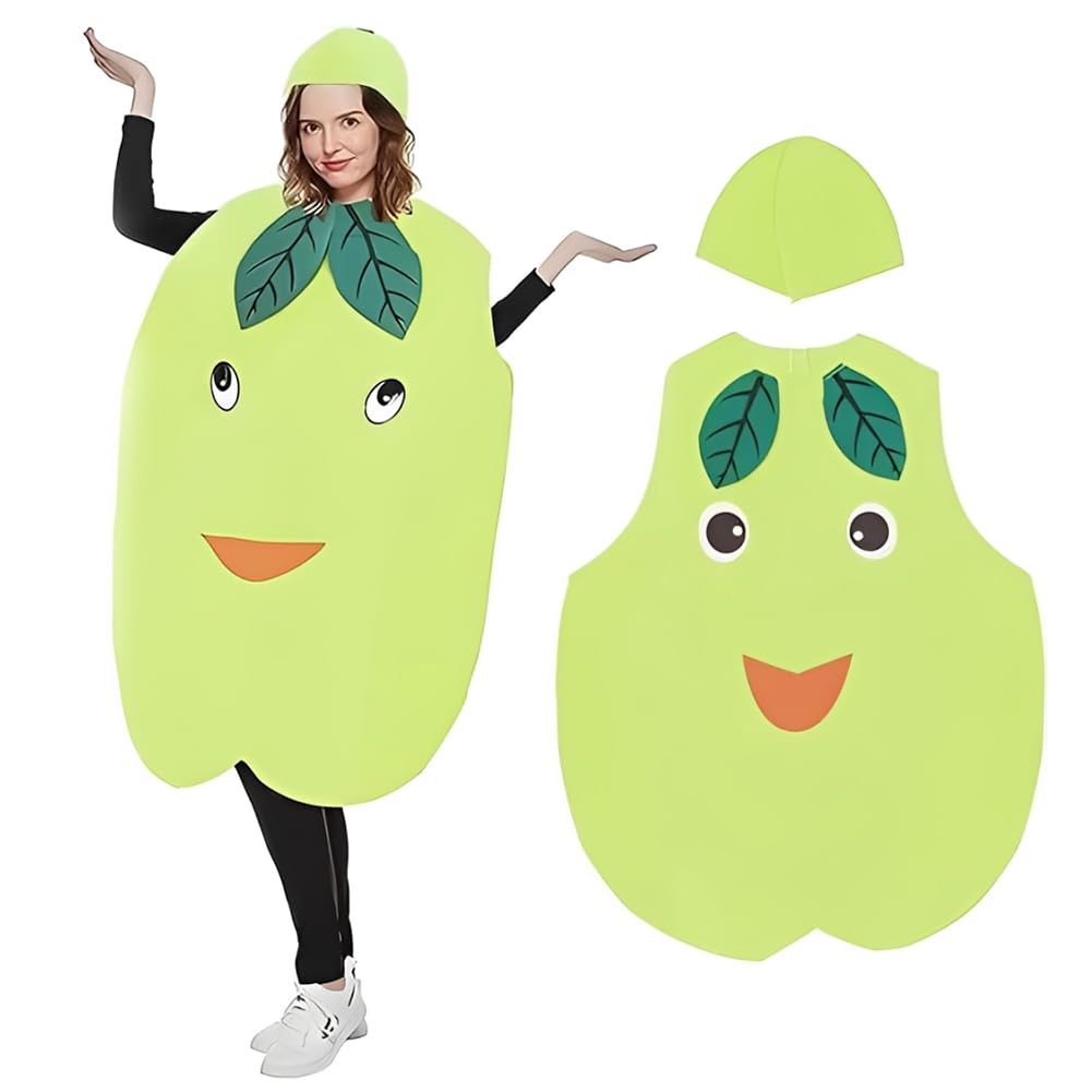 JynxtoyZeal Adult Fruit Costume Outfit, Unisex Adult Fruit Costume Bundle,Snow Pear Fun Fruit Fancy Dress with Leaf Headpiece,Fruit Cosplay Costume for Masquerade