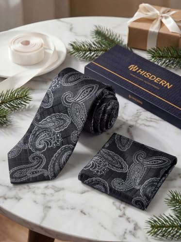 Image of HISDERN Extra Long Ties for Men Classic Floral Tie and Pocket Square Elegant Silk Necktie Handkerchief Set Wedding Party