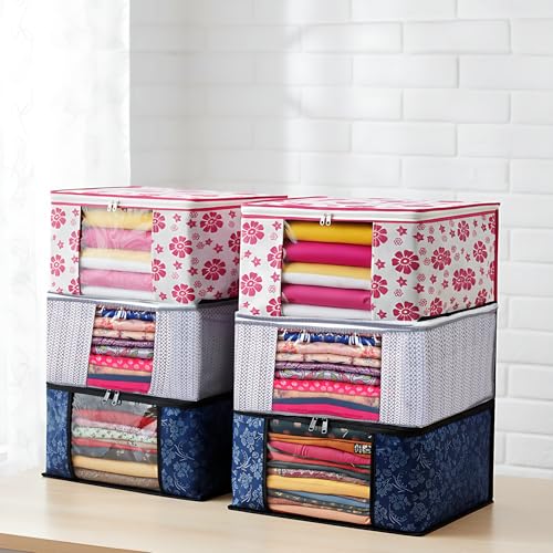 Image of Non-Woven Saree & Clothes Storage Bags for Wardrobe | Zipper Organizer Cover with Heavy-Duty Closure | Set of 6 (Blue & Red with Grey Check) | Foldable Dust-Proof Closet & Bedroom Storage