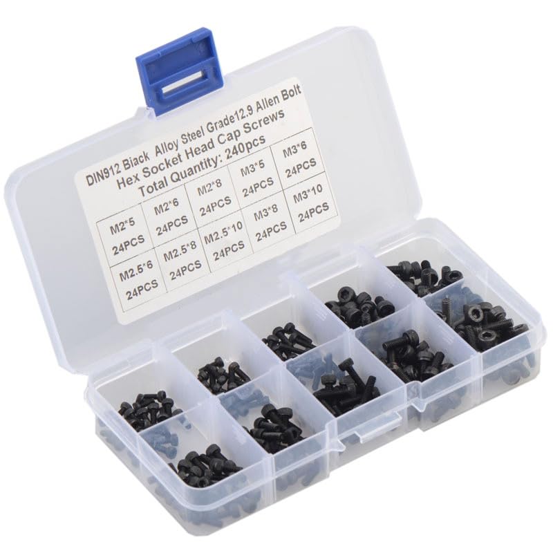 240pcs Hex Hexagon Socket Head Cap Screw 12.9 Grade Back Carbon Steel M2 M2.5 M3 Screw Set Bolt Assortment Kit DIN912 - (Color: 240PCS)