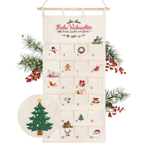 DazSpirit Adventskalender aus Stoff 2025 mit gesticktem ‘Frohe Weihnachten’ – Adventskalender zum Befüllen Wandbehang, Hochwertig Bestickt – Festliche Weihnachtsdeko Familien & Geschenke für Kinder