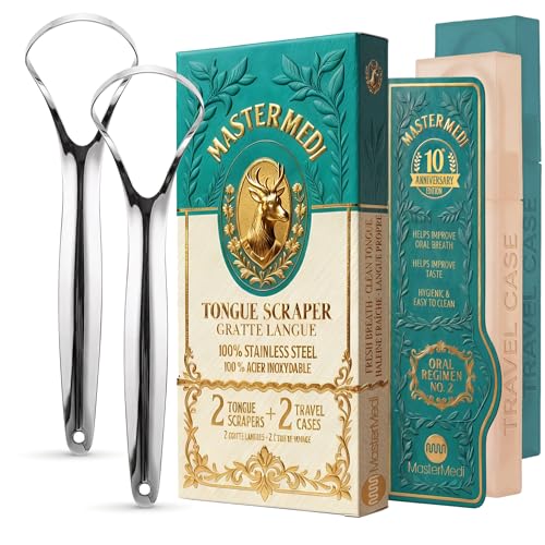 Image of 2 Pack of Tongue Scraper Cleaner with 2 travel case, Medical Grade Stainless Steel, Dental Kit Professional Eliminate Bad Breath With Non-synthetic Grip (Spoon Shape - 2 (with case))
