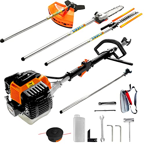 43cc Débroussailleuse de Outil Multifonctions Thermique 4 en 1, Moteur 2 Temps, Tronçonneuse, Taille-haie, Coupe-Bordure avec Tête de Coupe Double Fil et Lame 3 Dents Modèle Conçu pour Les Pros Cover