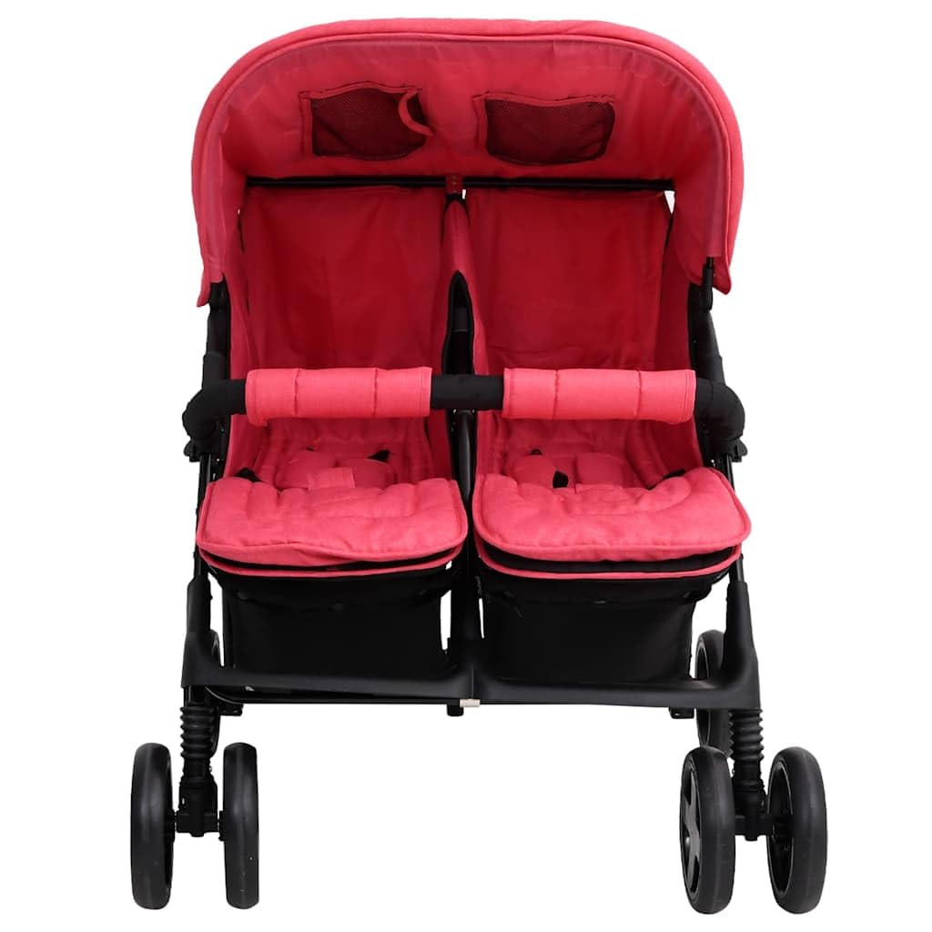 vidaXL Carrito para Gemelos Cochecito Sillita Gemelar Silla de Paseo Canasta Niños Reposapiés Ajustable Dosel Plegable de Acero Rojo