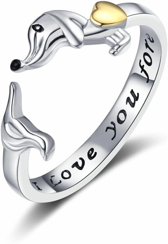 Dachshund Rings for Women 925 Sterling Silver Plated Dachshund Open Ring Cute Adjustable Wiener Dog Ring Comfort Fit Band Animal Puppy Dogs Jewelry Gifts Pet Lovers Birthday Xmas Valentine's Day