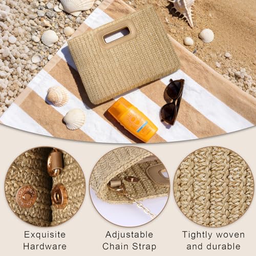 Image of Beach Clutch Bag Straw Summer Clutch Purses for Women Handmade Woven Purse Detachable Gold Chain, Crossbody