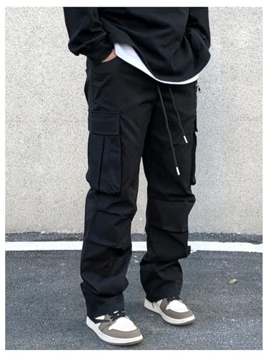 OYOANGLE Men's Drawstring Waist Cargo Pants Straight Leg Outdoor Hiking Trousers Streetwear3