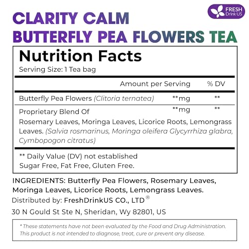 Image of FreshDrinkUS, Clarity Calm Butterfly Pea Flower Tea - 60 Tea Bags Herbal Blend of Butterfly Pea Flower, Rosemary, Moringa, Lemongrass & Licorice Root - Caffeine-Free. Sugar-Free. Gluten-Free. Vegan