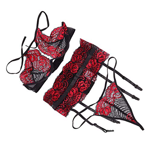 ARTIBETTER 3 Peças Femininas de Lingerie Halter Sutiã Sexy Calcinha G String Cinta-Liga de Renda Bod