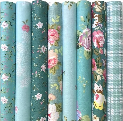 8 PCS Fat Fabric Bundles 9.8'' x 9.8''(25cm x 25cm) Cotton Craft Pre-Cut Squares Sheets for Patchwork Sewing Quilting(Green Floral)