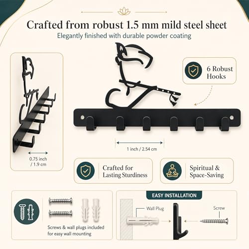 Image of Key Holder for Home, Metal Wall Mounted, 6 Hooks (Krishna Bansuri) | Cat Design, Includes Mounting Screws, For Home Use, 6 Hook Hanger, Metal Construction