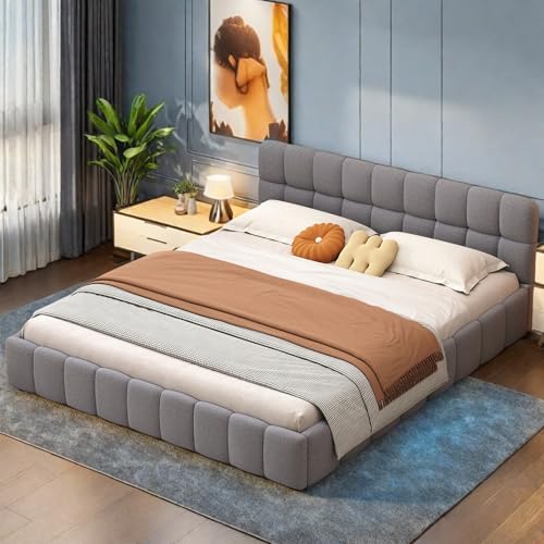 Polsterbett Bubble Bett 160x200 cm, Doppelbett mit Kopfteil, Jugendbett Bettgestell mit Lattenrost und Rückenlehne, Bodenbett Rückenlehne Bett, Flachbett Gästebett, Ohne Matratze, Leinen, Grau – Bild 5