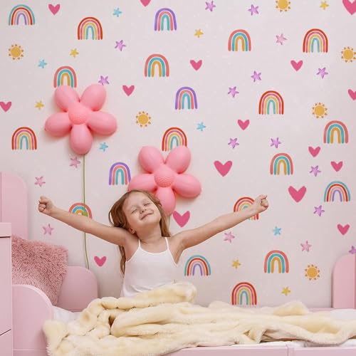 82Pcs Boho Rainbow Wall Decor Stickers Small Rainbow Wall Decal Watercolor Rainbow Heart Sun Star Wall Stickers for Girls Boys Baby Bedroom Nursery Wall Decor