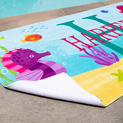 Let's Make Memories Personalized Kids Beach Towel - Custom Monogram & Name With Fun Beach Designs - Soft Cotton/Poly Blend - 30" W X 60" L - Name, Up To 10 Characters And Initial Monogram - Seahorse #TOP2