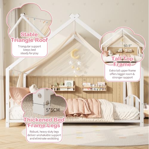 Image of Garvee Full Size Montessori Metal House Floor Bed Frame with Rail, White