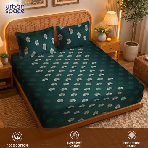 Image of Urban Space Serene 300TC 100% Cotton Bedsheet for Double Bed, Panel Design Bedsheet, Printed Queen Size Bed Sheet with 2 Pillow Covers (90 x 100 Inches, Midnight Lotus Deep Jade Green)