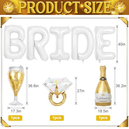 Image of 40inch Bride Balloons White Letters Banner, Bachelorette Party Decorations Set with Diamond Ring Champagne Bottle Balloon Glass Foil Balloon for Bachelorette Engagement Wedding Bridal Shower Decor