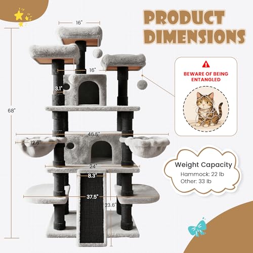 Image of SHA CERLIN 68 Inches Multi-Level Large Cat Tree for Large Kitties /Big Cat Tower with Condo /Cozy Plush Pussycat Perches /Sisal Scratching Posts and Hammocks /Activity Center /Black & Grey