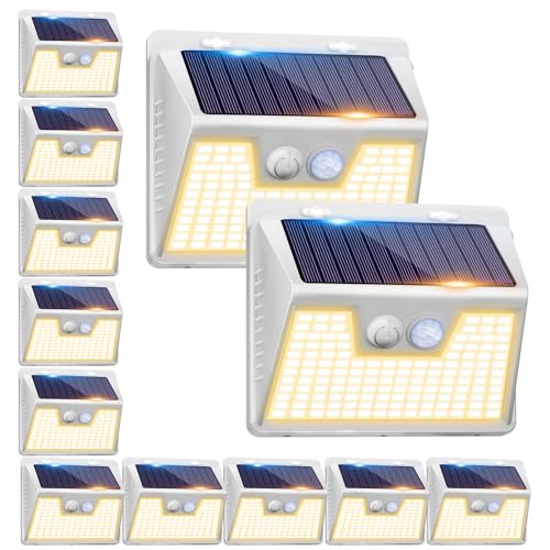 Image of Peasur Solar Lights Outdoor Motion Sensor, 12Pack 140LED Waterproof Solar Powered Fence Lights, 3 Modes Solar Security Wall Lights for Garden Yard Outside(Warm White)