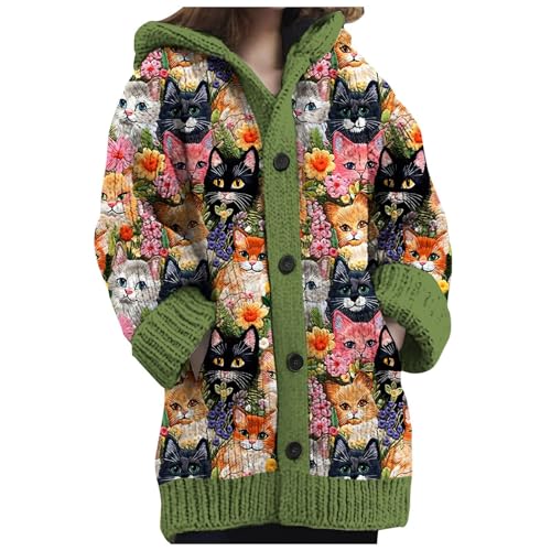 Cárdigan Largo Mujer Punto Grueso Hoodie Pullover Suéter Cardigan 3D Estampado Digital Invierno Elegante Chaqueta Cálida Oversize Suéter Navideño con Botones