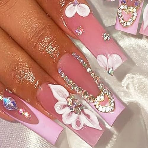 24 piezas de uñas acrílicas postizas largas tipo coffin con brillo ombré rosa cromado y diseño de pedrería para mujeres y niñas miniatura 2