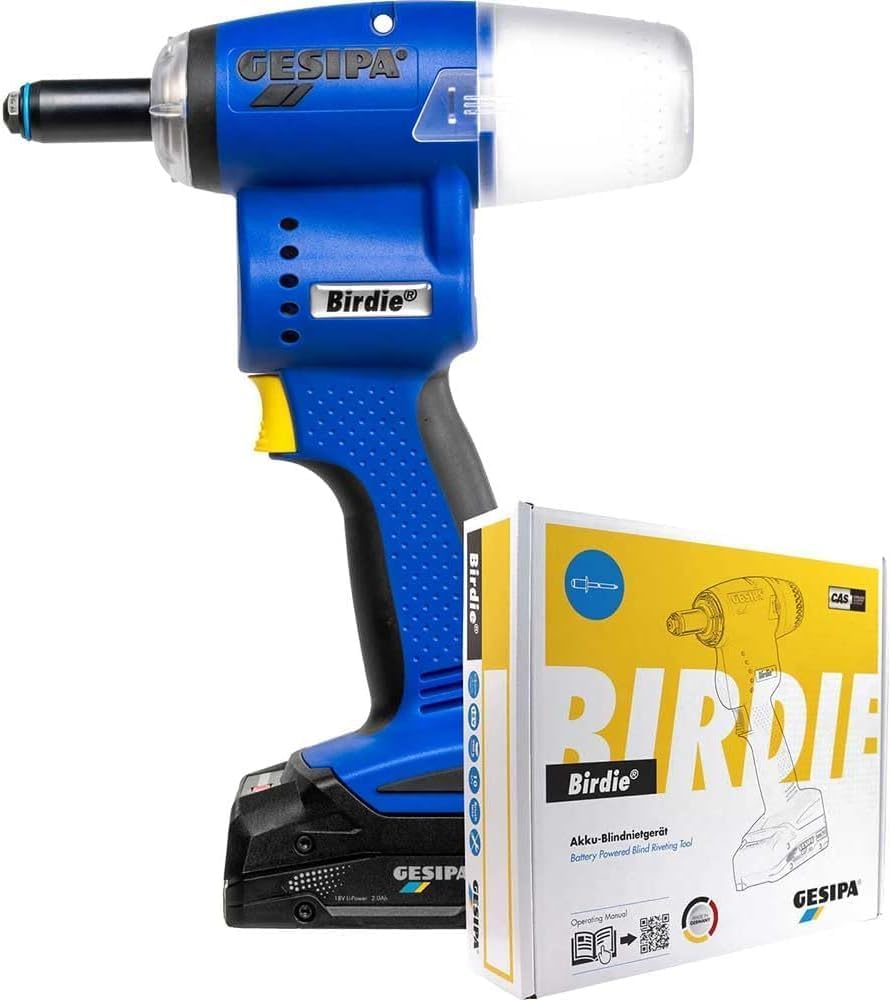 Gesipa Birdie 1746722 - Remachadora con 1 batería de 2,0 Ah y 1 cargador en caja, 10 kN, para remaches ciegos de hasta 5 mm de diámetro, aluminio hasta 6 mm de diámetro