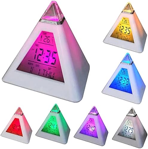 Reloj despertador LED digital, con forma de pirámide, reloj despertador LED digital, hora y fecha, pantalla de temperatura, 7 colores cambiantes,