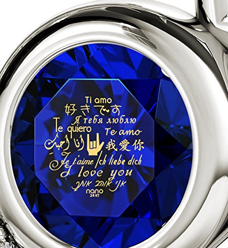 I Love You Necklace 925 Sterling Silver Heart Pendant For Her 12 Languages Inscribed In Pure Gold On Romantic Anniversary Jewelry For Wife Dark Blue Cubic Zirconia Birthday Present For Women, 18" Chain #TOP1