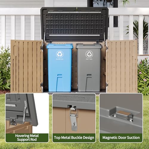 Image of Aoxun Outdoor Storage Cabinet 35 Cu.Ft 2 Shelves, Outdoor Trash Can Storage Shed Waterproof Horizontal Storage Shed Outdoor Storage for Garbage Bin, Generator,Brown