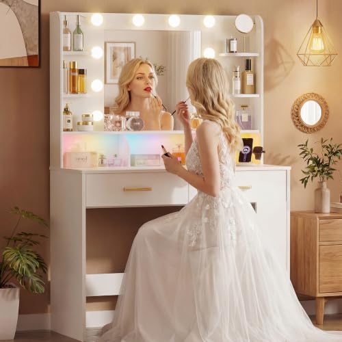 Image of LUCKRACER Vanity Desk with LED Lights Mirror & Charging Station, Makeup Vanity with Storage Drawers and Shelves, Modern Dressing Table for Women Girls Bedroom Brown