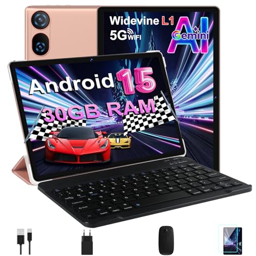 DMOAO Tablet 10 Pulgadas Android 15 con Gemini AI, 30 GB RAM + 2 TB ROM Expansión, 5G WiFi, GPS, Widevine L1, Octa Core, BT 5.0, 6000mAh, USB C, FHD Tablet con Teclado+ Ratón + Funda, Oro