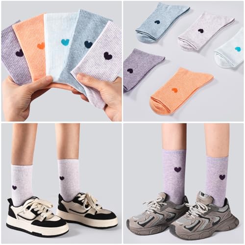 Image of Corlap Women's Cotton Crew Calf Socks - 5 Pairs Ankle High Dress Casual Socks, Fun Cute Heart Gifts for Mom Mother