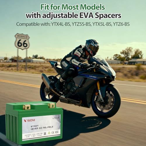Image of VISION Lithium Motorcycle Battery YTX4L-BS / YTX5L-BS, 300CCA 12V 4.5AH, Maintenance-Free Powersports Battery with 2 Universal-Fit EVA Spacers, Compatible with Motorcycle ATV Jet Ski[- +]) Green