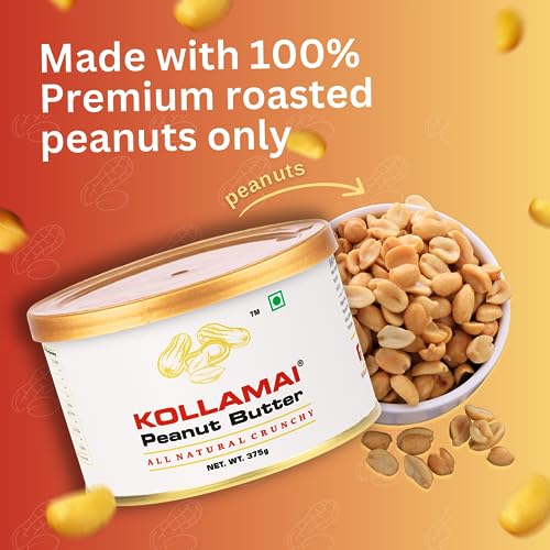 Image of KOLLAMAI Natural Crunchy Peanut Butter 375gm (Pack of 1) Organic 32gm High Protein Energy Booster Unsweetened, Zero Sugar, Zero Salt and Low Fat Good for Heart Health