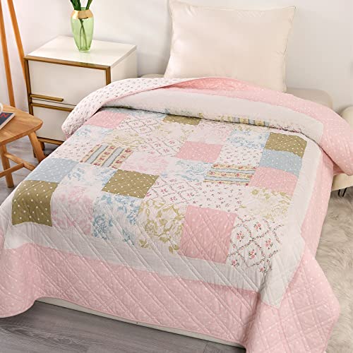 Image of KINBEDY 100% Cotton Quilts Twin Size Pink Floral Patchwork Bed Quilt Reversible Quilted Blankets Coverlets Bed Throws for Couch Sofa, 60 inchx80 inch