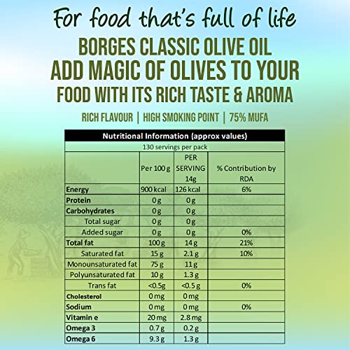 Image of Borges Classic Olive Oil - 2 L |Packed in Spain |75% MUFA | Rich in Antioxidants | Ideal For Mediterranean dishes like Pizza, Pasta and speciality dishes (Pack of 3)