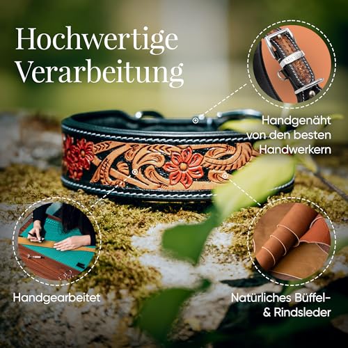 MICHUR Flora Hundehalsband Leder, Lederhalsband Hund, Halsband, SCHWARZ Rot Braun, Leder, mit roten Blumenmuster, in verschiedenen Größen erhältlich