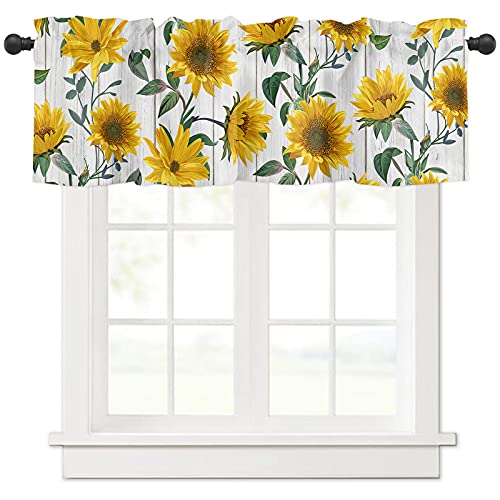 Sunflower Valances Windows Curtain Vintage Yellow Sunflowers Kitchen Curtain Valances Rod Pocket Retro Wooden Window Treatment Short Topper Curtains for Kitchen Bathroom Living Room 1 Panel 54x18 inch