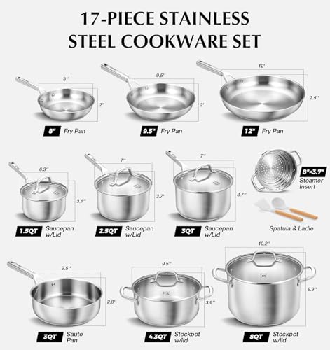 Image of KOCH SYSTEME CS Stainless Steel Cookware Set 17 Piece, Professional 18 /10 Stainless Steel Pots and Pans Set, 5-Layer Stainless Base, Oven Safe, Induction Ready, Non-Toxic Kitchen Cookware Set