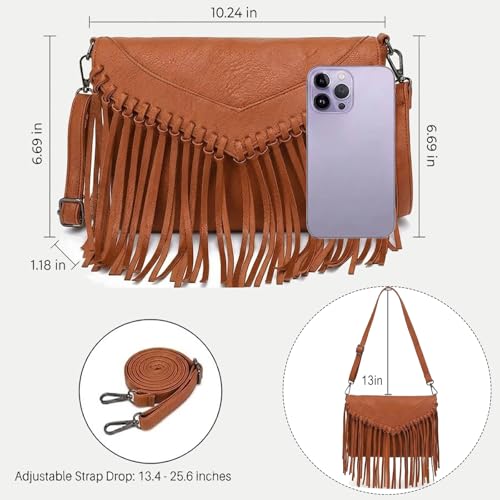 Image of Fringe Crossbody Purse for Women, Vintage Leather Western Boho Purse, Tassel Small Handbag Shoulder Bag