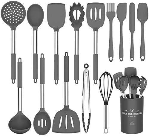 Silicone Cooking Utensil Set,Umite Chef Kitchen Utensils 15pcs Set Non-stick Heat Resistan BPA-Free Stainless Steel Handle Tools Whisk - Grey
