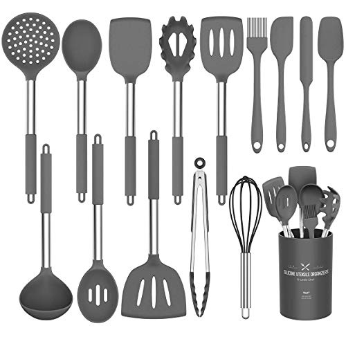 Silicone Cooking Utensil Set,Umite Chef Kitchen Utensils 15pcs Set Non-stick Heat Resistan BPA-Free Stainless Steel Handle Tools Whisk – Grey