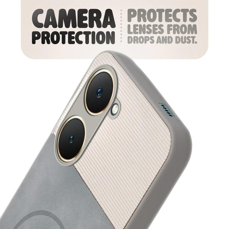 Image of Bintage case Dual-Leather Macc-Safe Design Phone Case| Soft Touch Finish | Full Camera Protectection Back Cover Compatible for Vivo V2407 / Y28e / Y28s / Y18e - White & Matelic Grey