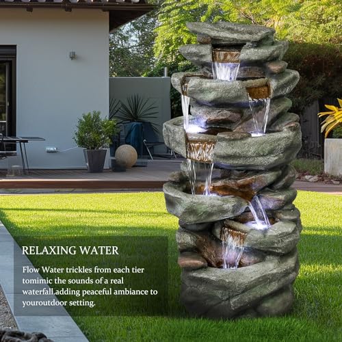 Image of SunJet 40.5 inch High Rocks Outdoor Water Fountain - 6-Tiers Cascading Waterfall with LED Lights, Soothing Tranquility for Home Garden, Yard Decor