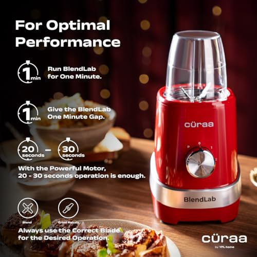 Image of CURAA BlendLab by Chef Sanjyot Keer | Blender Mixer Grinder for Kitchen with Stainless Steel Jar | Dry & Wet Grinding | 100% Copper Motor | Smoothies, Masala, Chutney | 2 Year Warranty (Red)
