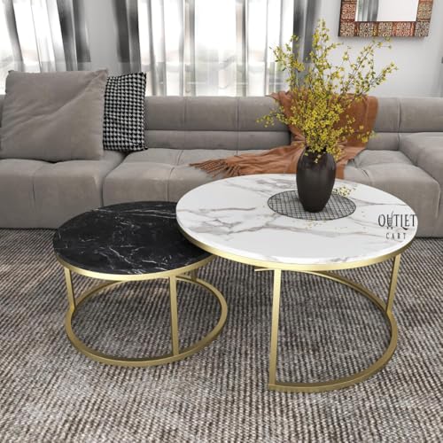 Image of 2-Piece Round Coffee Table Set | Marble Finish MDF Top with Golden Iron Frame | Modern Center & Side Table for Living Room, Bedroom & Small Spaces Gold -Black-White
