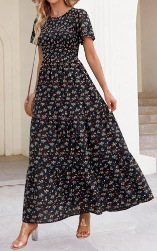 Image of PRETTYGARDEN Women's 2026 Summer Casual Flutter Short Sleeve Boho Floral Maxi Dress Crew Neck Smocked Tiered Long Dresses