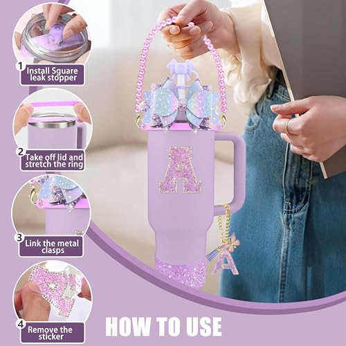 Hpebl 9PCS Purple for Stanley Cup Accessories Set Bling Initials Bow Charms for Stanley Decorations 30/40 Oz Tumbler Accessories Including Bow Straw Topper, Handle Strap, Spill Stopper（Letter R） - image 5