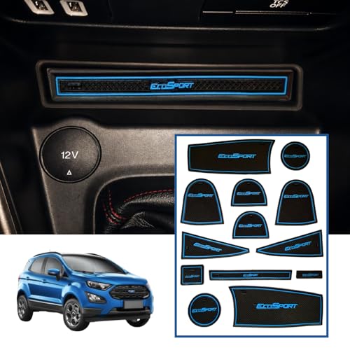 Image of Car Drome | Door Cup Mat Set for Ford EcoSport 2018 to 2021 Models Only | Premium Non Slip Rubber Inserts | Custom Fit 13 Pieces | Blue Trim Interior Car Accessories | Dustproof Waterproof