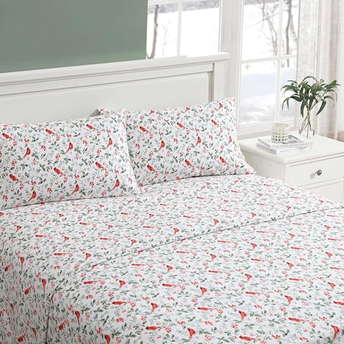 Image of Laura Ashley - Flannel Sheets Twin Size, Anti-Pilling & Wrinkle Resistant Cotton, Touchably Soft for All-Season Comfort - Bed Sheets with Matching Pillowcase & Fitted Sheet (Jolly Cardinals Green)